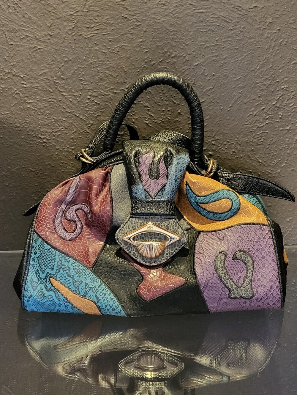 NAS Bag Faux Lizard Patchwork Vtg 80s Made In Korea Top Handle/Shoulder Strap